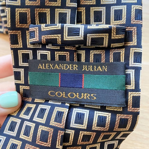 ALEXANDER JULIAN COLOURS Men's Black/Brown Tile Handmade Polyester Necktie sz OS - Picture 9 of 9